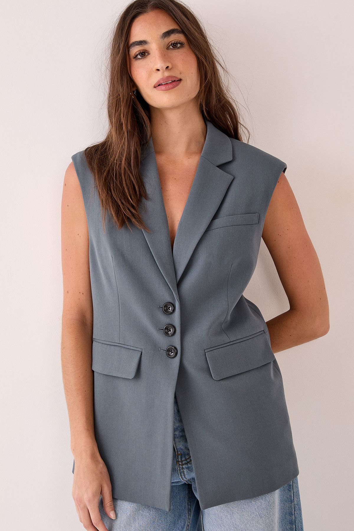 NastyGal Tailored Sleeveless Button Front Blazer Grey