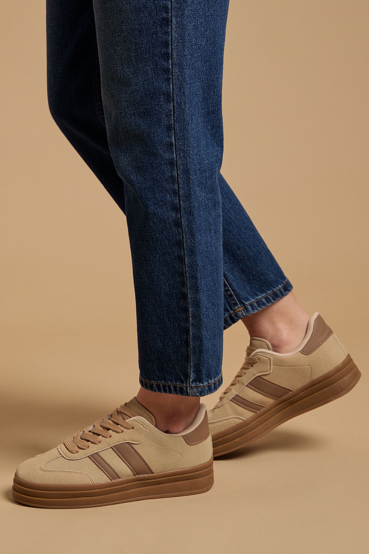 Oasis Isla Faux Suede Lace Up Platform Trainers Taupe image 1