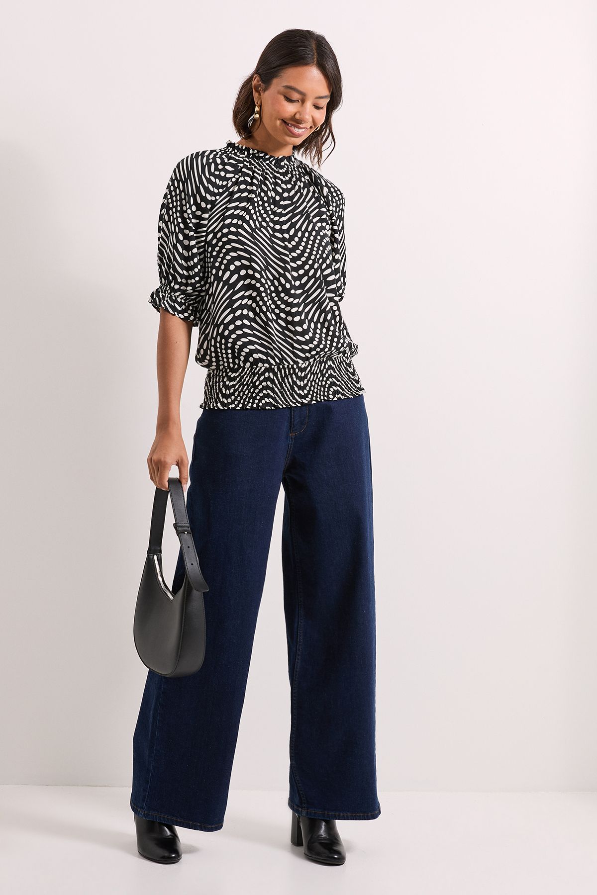 Dorothy Perkins Frill Neck Shirred Cuff Blouse Mono image 2