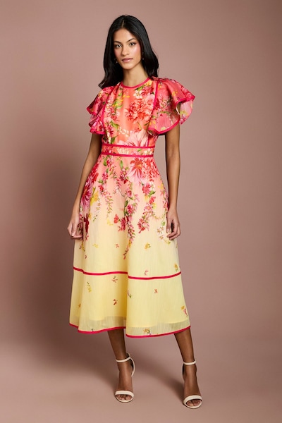 Coast Petite Placement Print Frill Sleeve Midi Dress Lemon