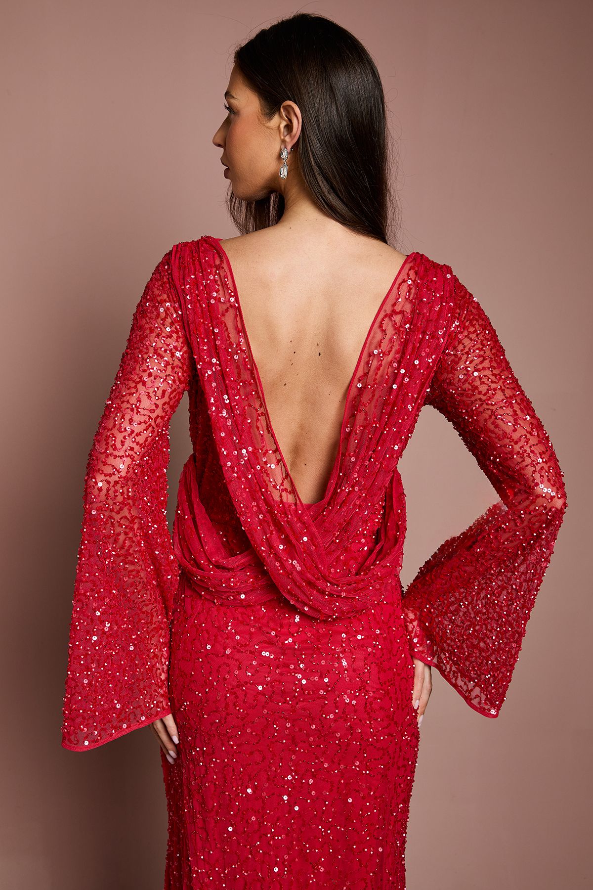 Coast Long Sleeve Flare Sleeve Cowl Back Sequin Maxi Dress Red image 4