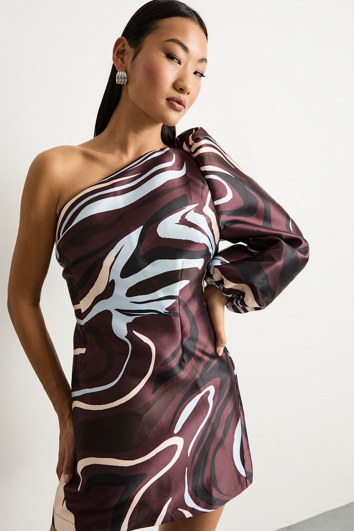 Warehouse Petite Printed One Shoulder Puff Sleeve Mini Dress Brown image 1