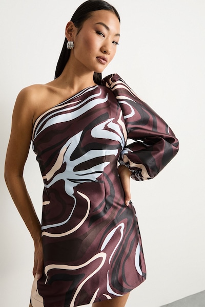 Warehouse Petite Printed One Shoulder Puff Sleeve Mini Dress Brown