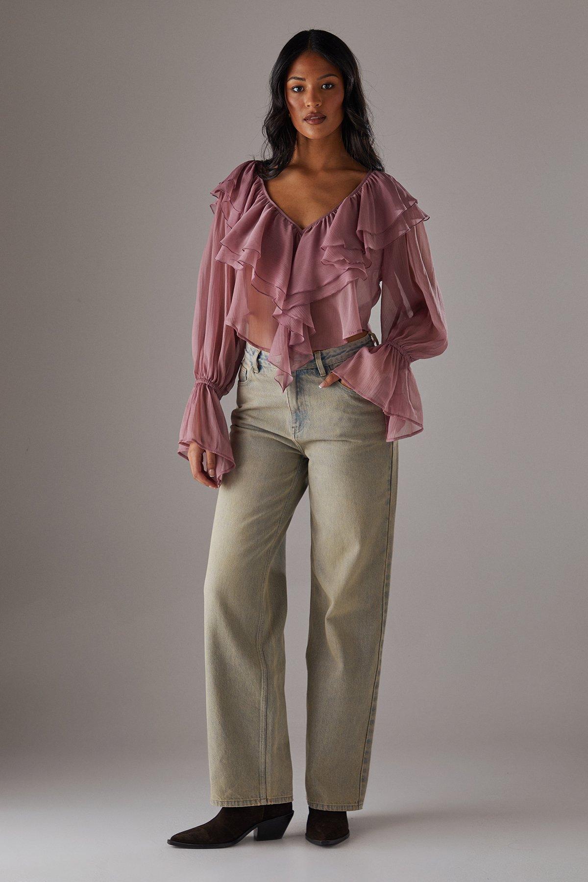 Warehouse Chiffon Double Ruffle Boho Blouse Rose image 3