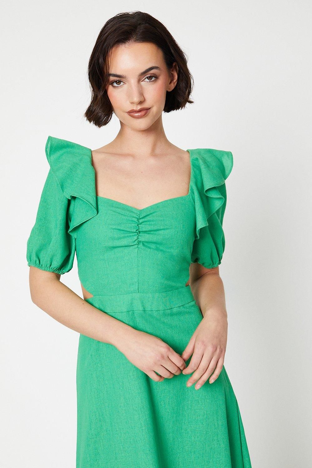 Oasis Cut Out Frill Shoulder Midaxi Dress Bright Green image 2