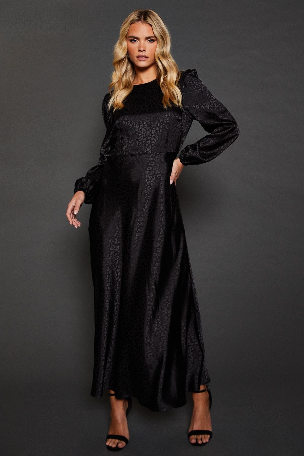 Dorothy Perkins Petite Satin Jacquard Empire Long Sleeve Midi Dress Black image 1