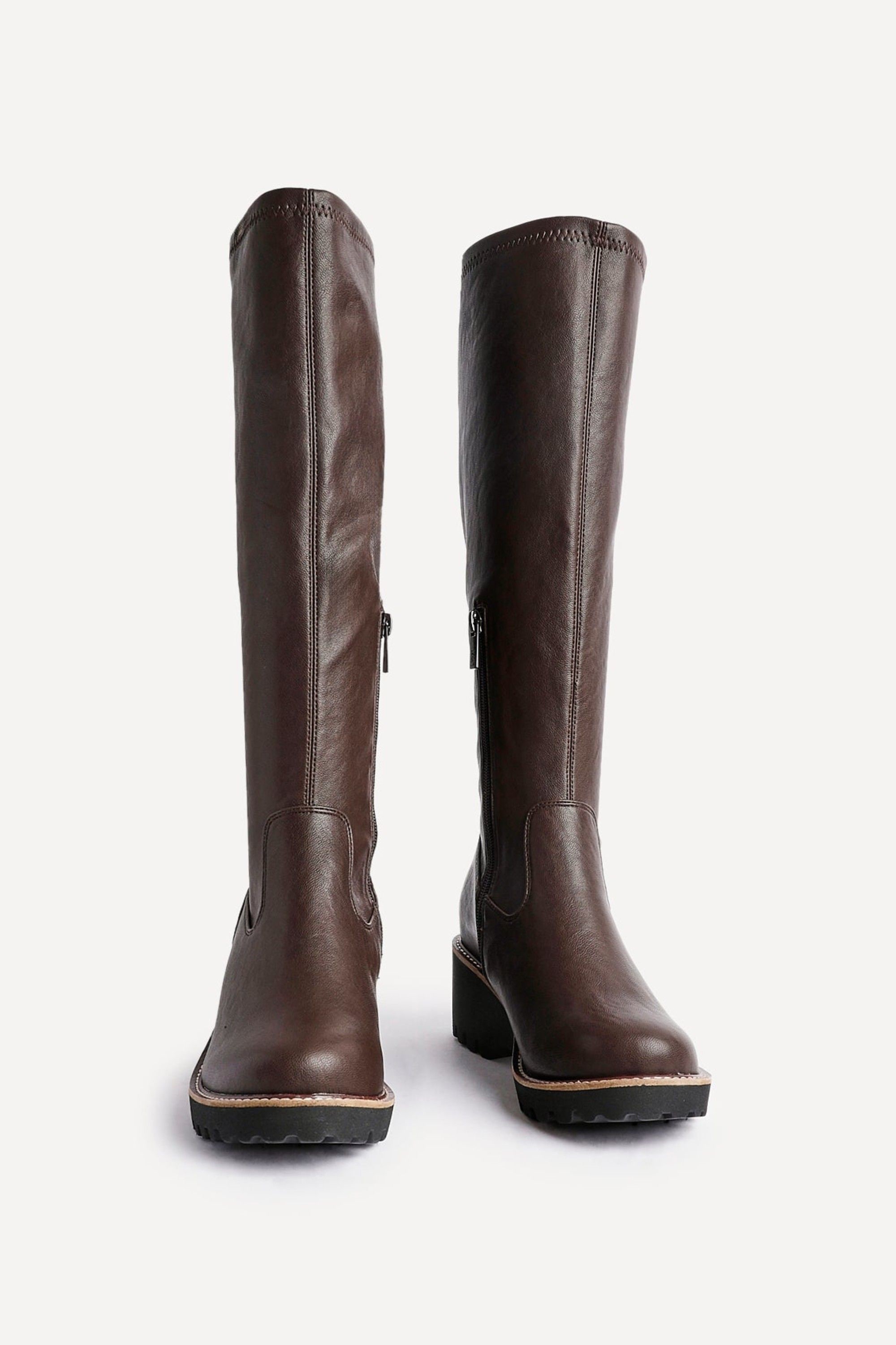 Linzi Maintain Wide Fit Brown Faux Leather Stretch High Leg Wedge Boot image 5