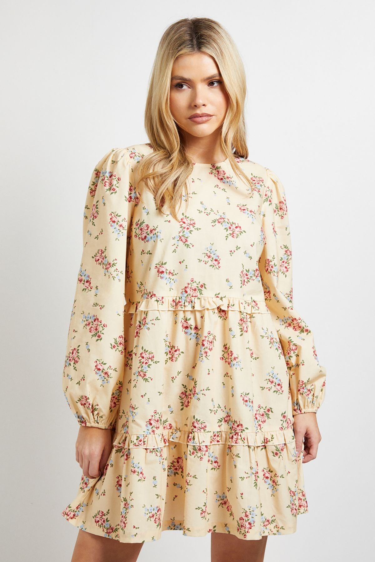 Dorothy Perkins Yellow Ditsy Floral Frill Tiered Printed Poplin Mini Smock Dress Floral