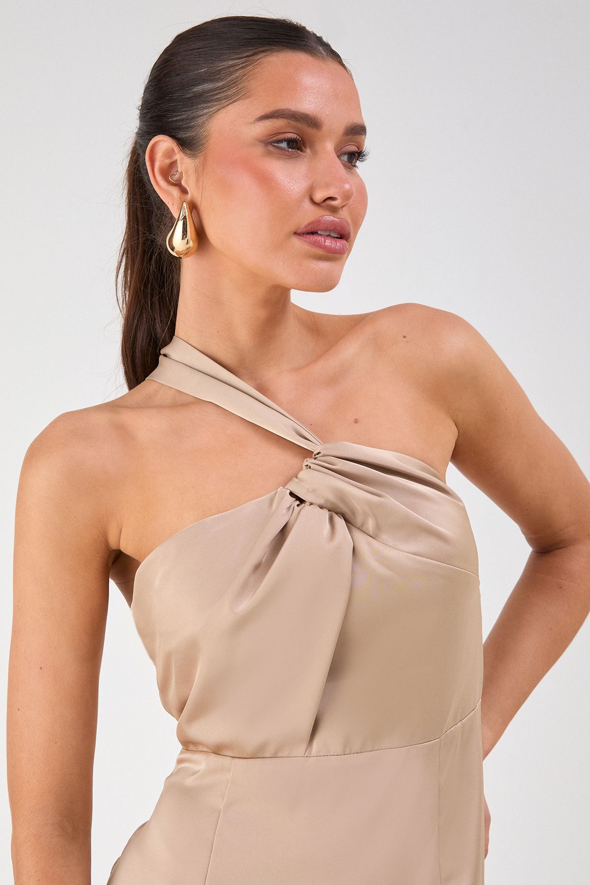 MissPap Satin One Shoulder Asymmetric Maxi Dress Champagne image 3