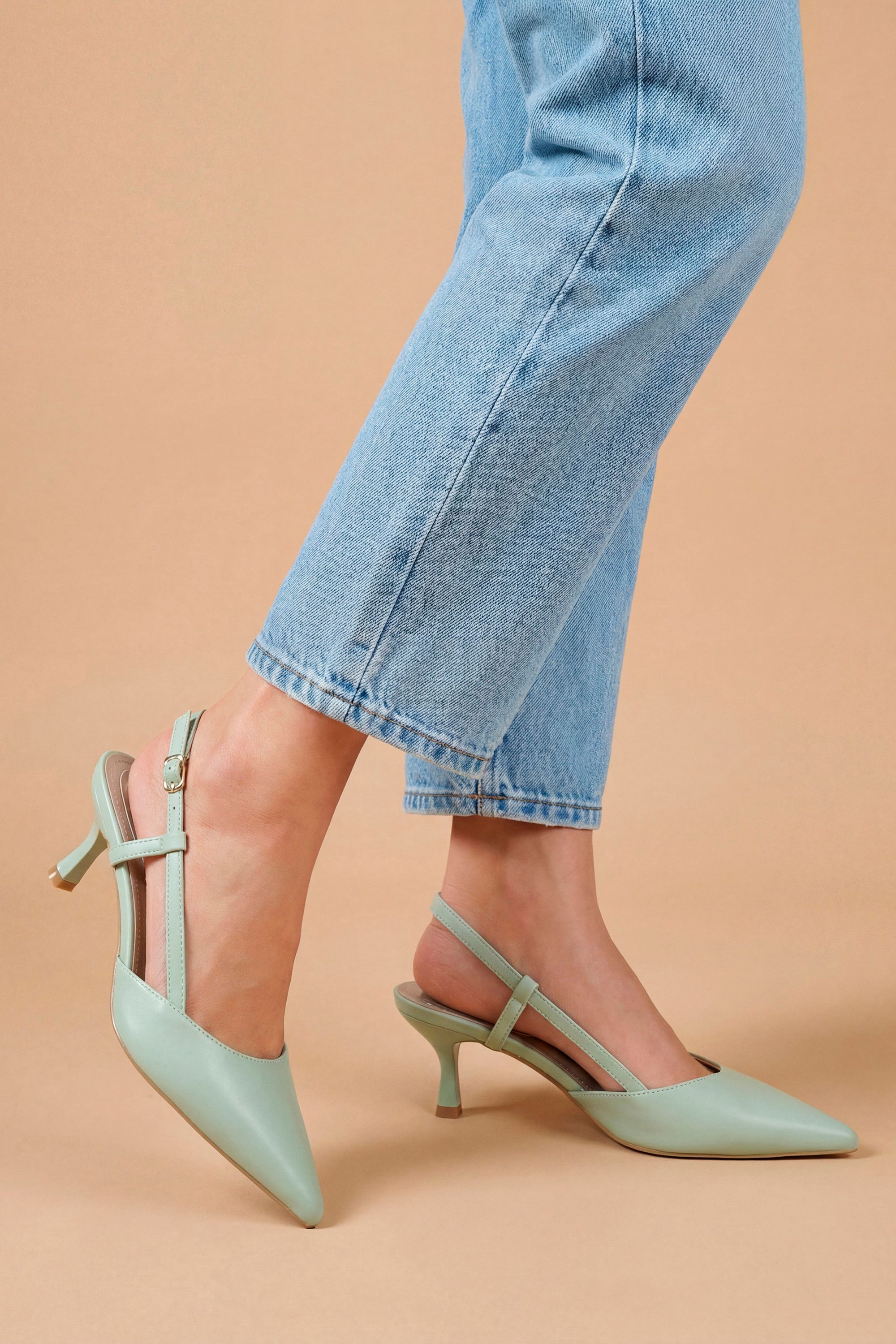 Dorothy Perkins Luneth Faux Leather Kitten Heel Slingback Court Shoes Green