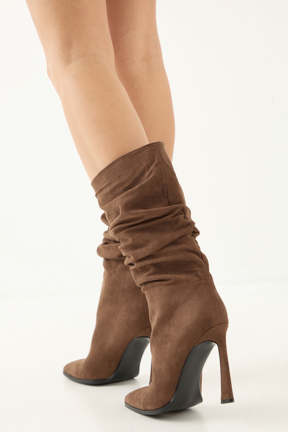 MissPap Faux Suede Ruched Square Toe High Flared Stiletto Calf Boots Brown image 3