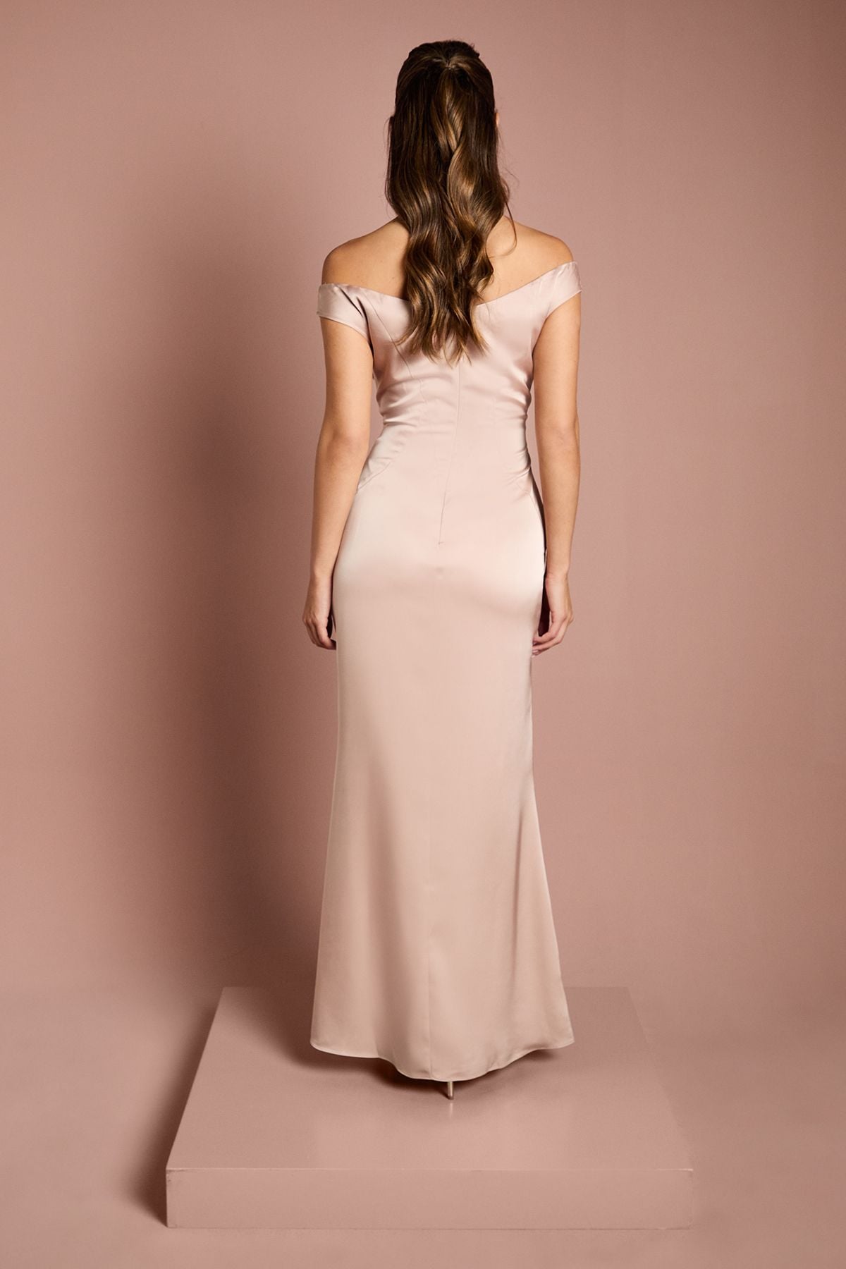 Coast Satin Bardot Bridesmaid Maxi Dress with Waist Ruching Detail Mocha image 3