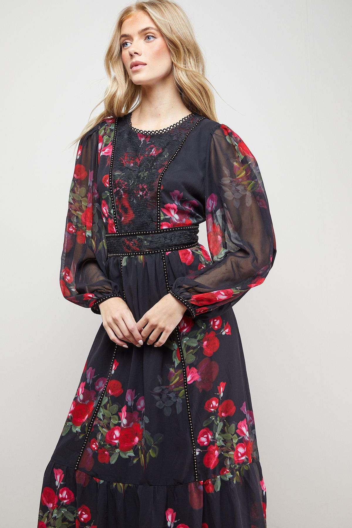 Oasis Velvet Stud Trim Midi Dress Floral image 2