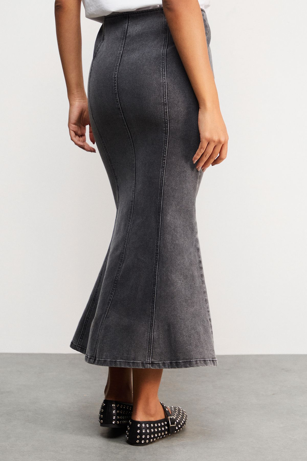 Warehouse Denim Fishtail midi skirt Grey image 3