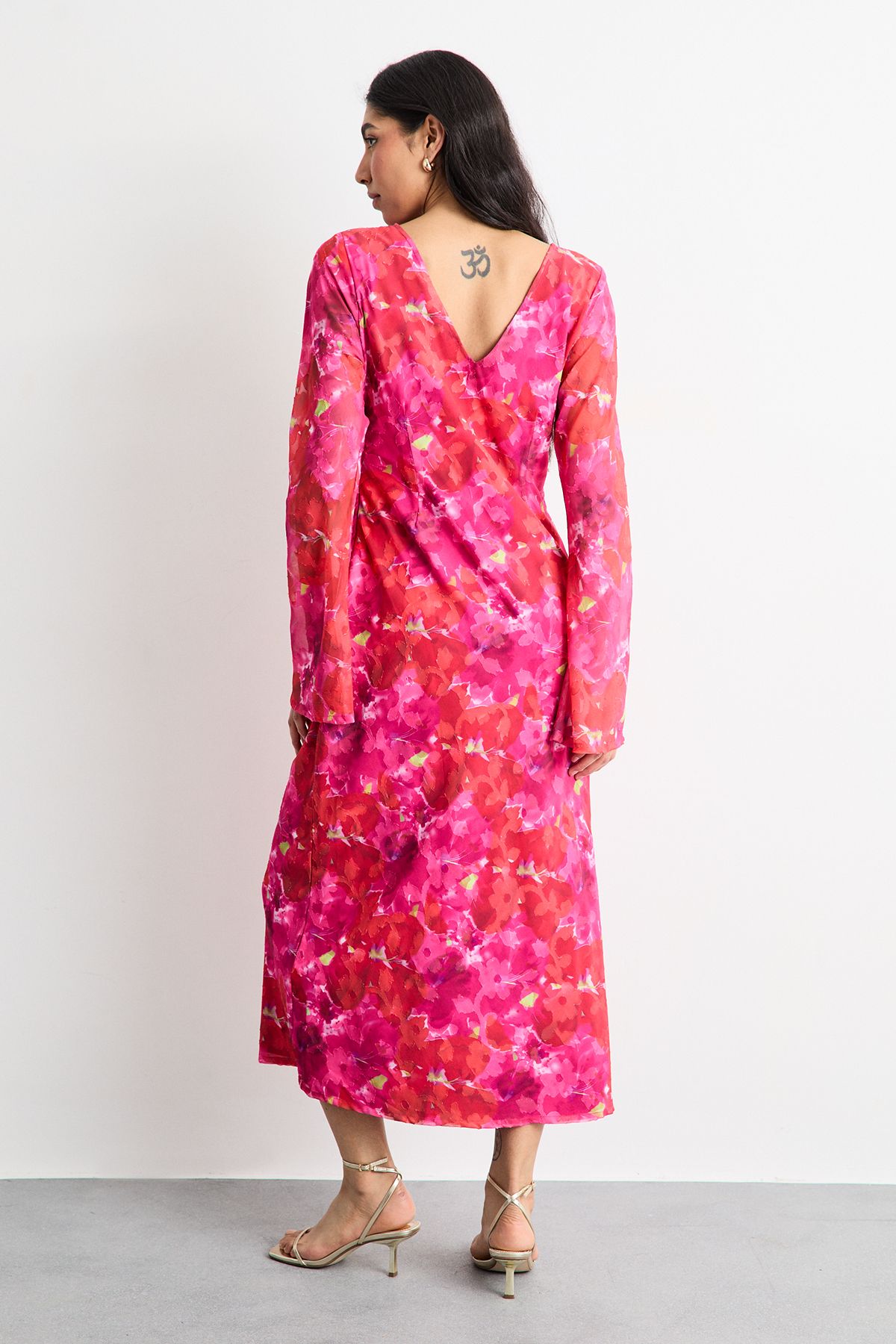 Warehouse Burnout Floral Chiffon Slash Neck Bias Midi Dress Pink image 3
