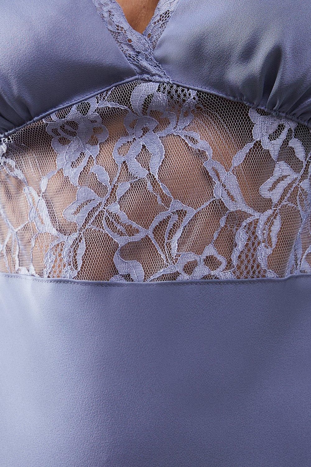 Warehouse Satin Lace Insert Flute Sleeve Midi Dress Denim-blue image 5