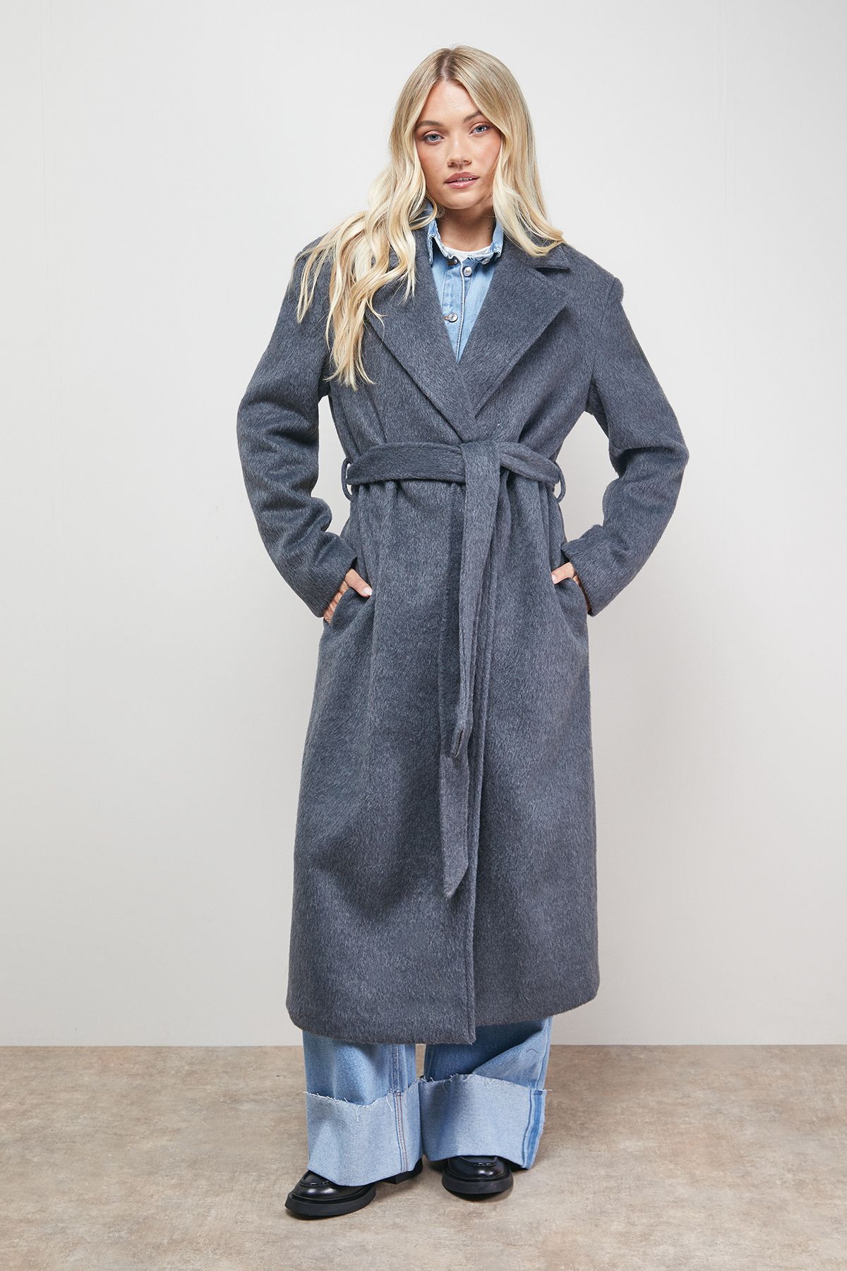 Oasis Brushed Belted Coat Grey image 3