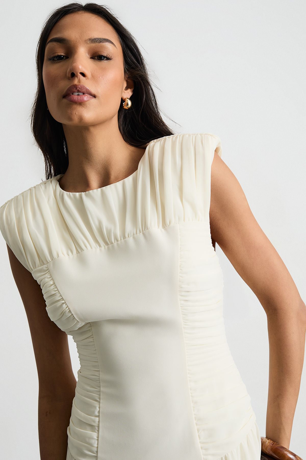Warehouse Ruched Waist Sleeveless Shoulder Pad Detail Maxi Dress Ivory image 4