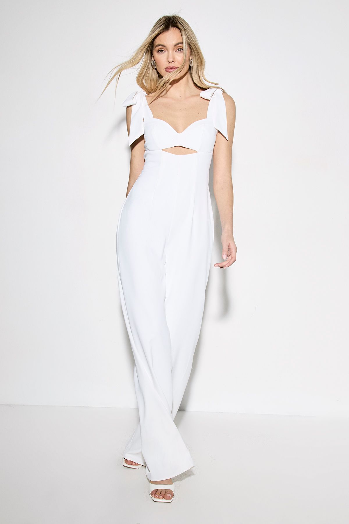 MissPap Bow Shoulder Wide Leg Jumpsuit White image 1