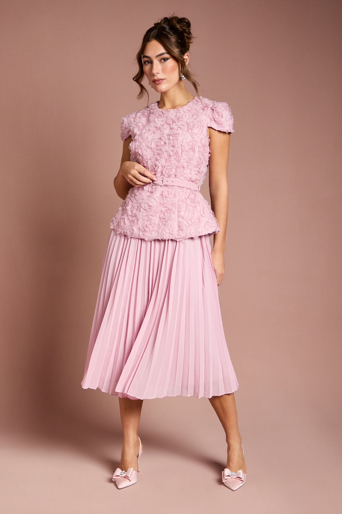Coast Short Sleeve 3D Flower Belted Midi Dress Pale Pink