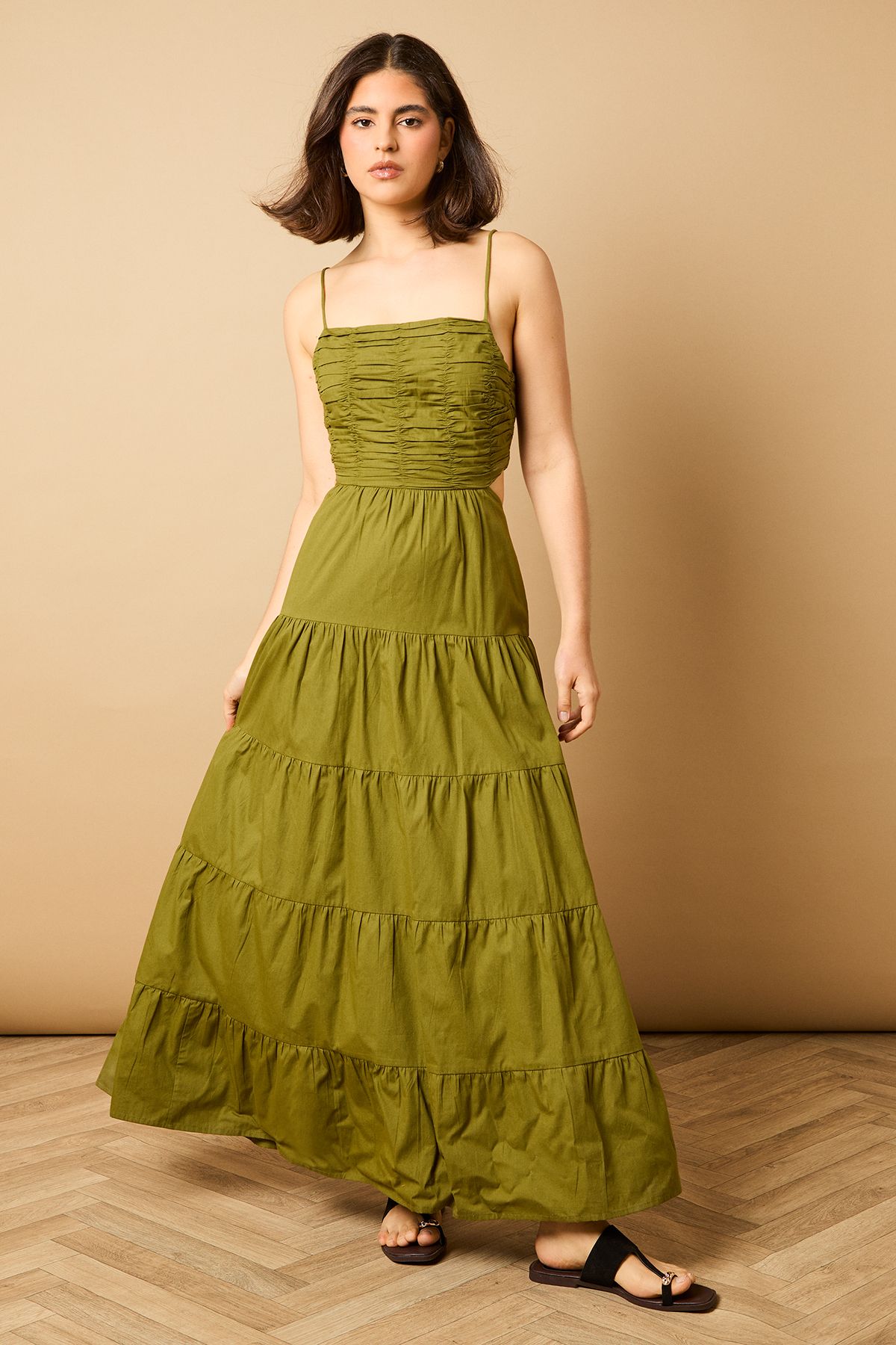 Oasis Gathered Bodice Tie Back Maxi Dress Olive