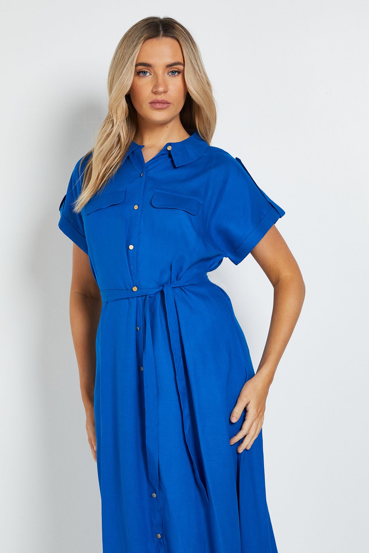 Dorothy Perkins Button Up Belted Roll Sleeve Shirt Dress Cobalt image 2