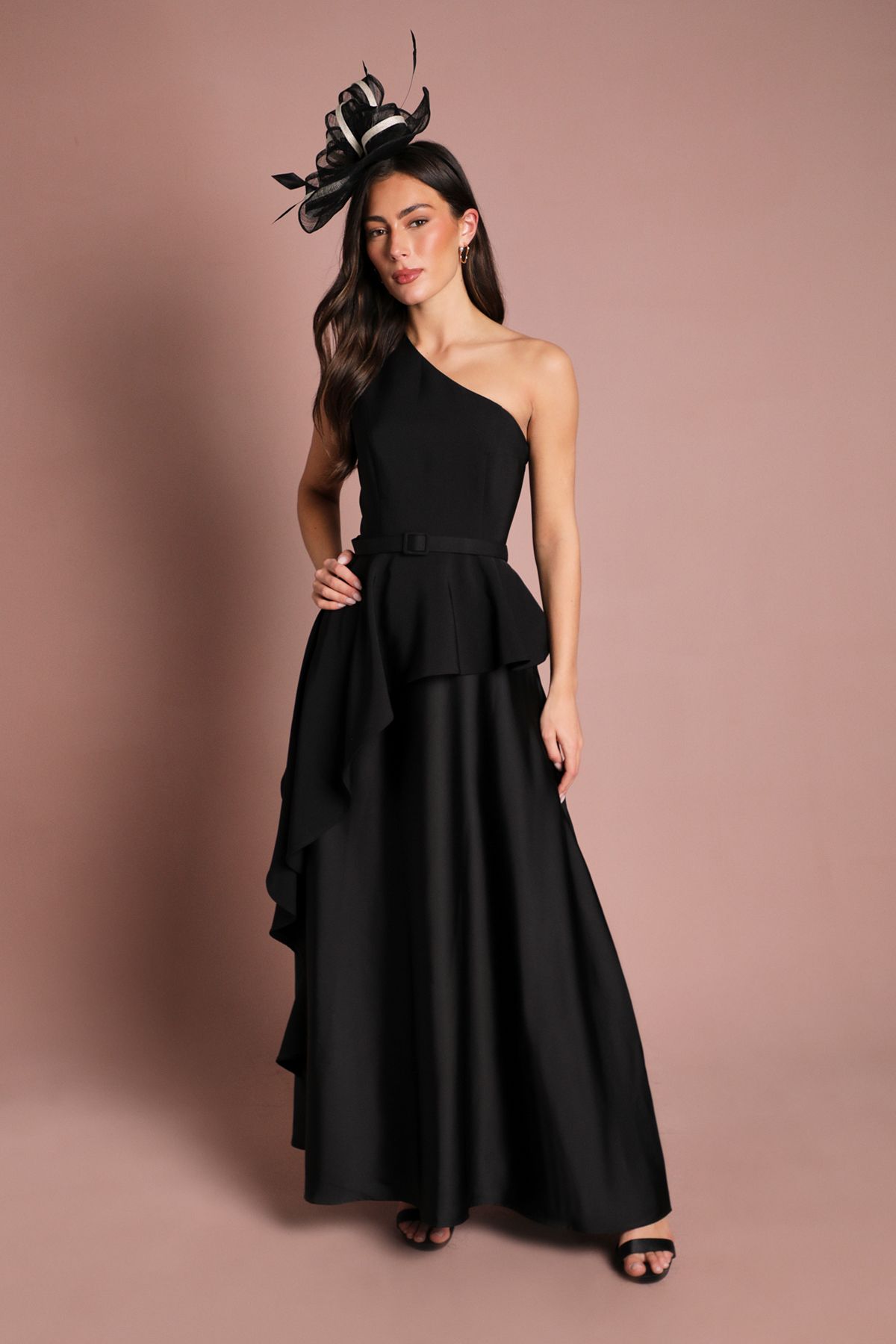 Coast One Shoulder Ruffle Detail Satin Maxi Dress Black