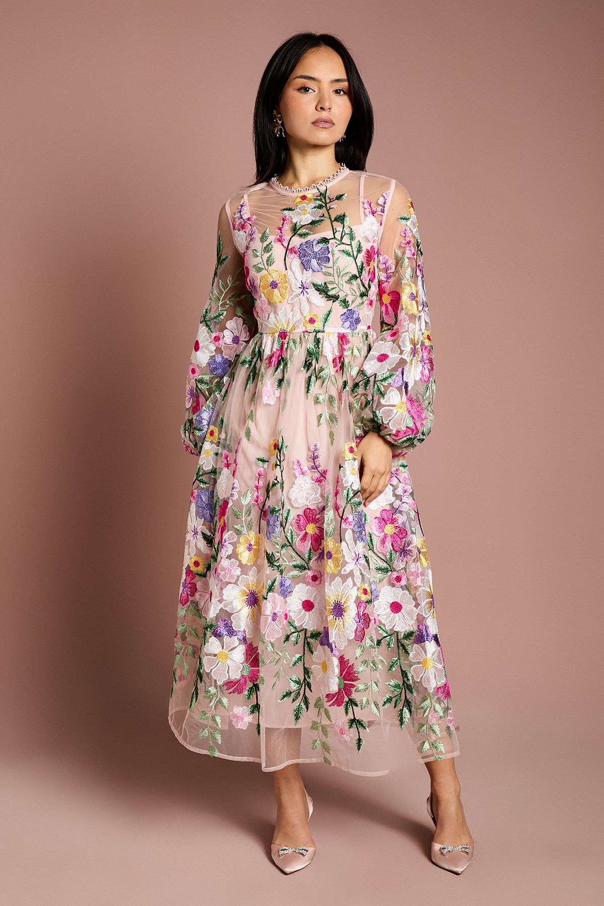 Coast Petite Long Sleeve Embroidered Maxi Dress Peach image 1