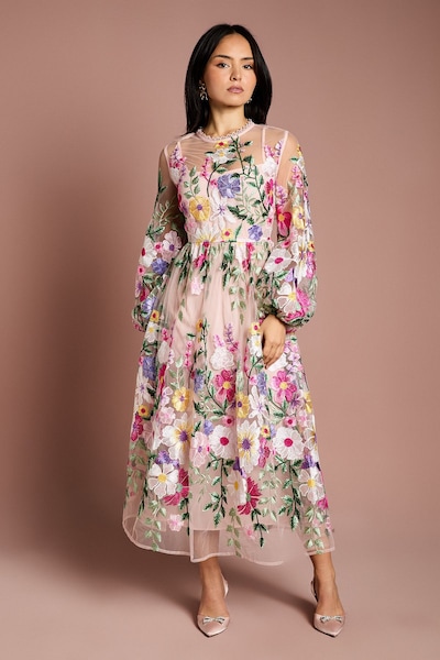 Coast Petite Long Sleeve Embroidered Maxi Dress Peach