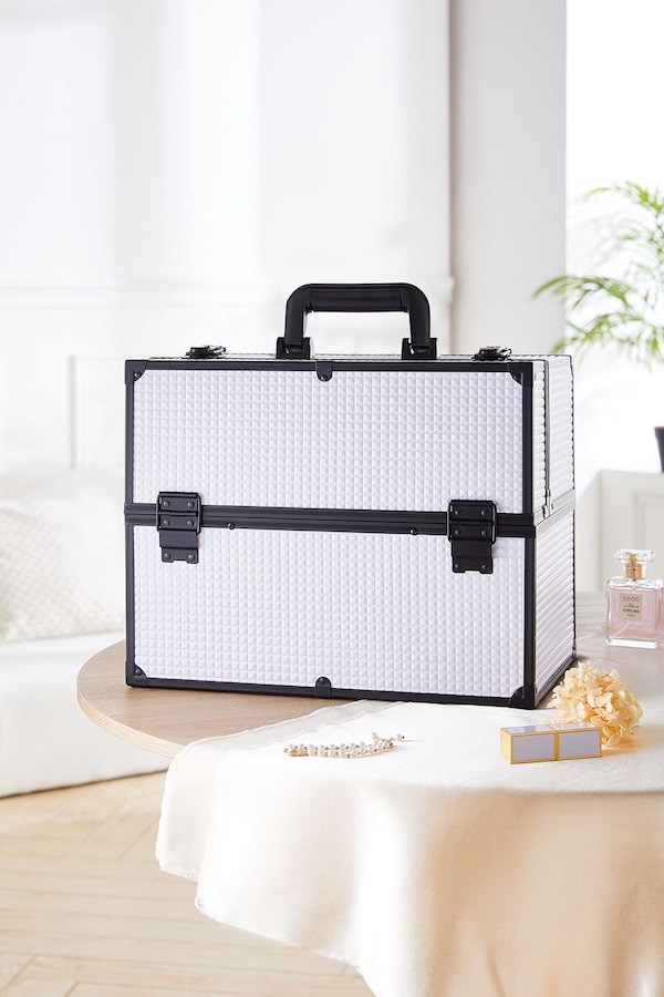 SHEONLY White Makeup Box Professional Cosmetic Organizer Aluminum Storage Box with 6 Trays