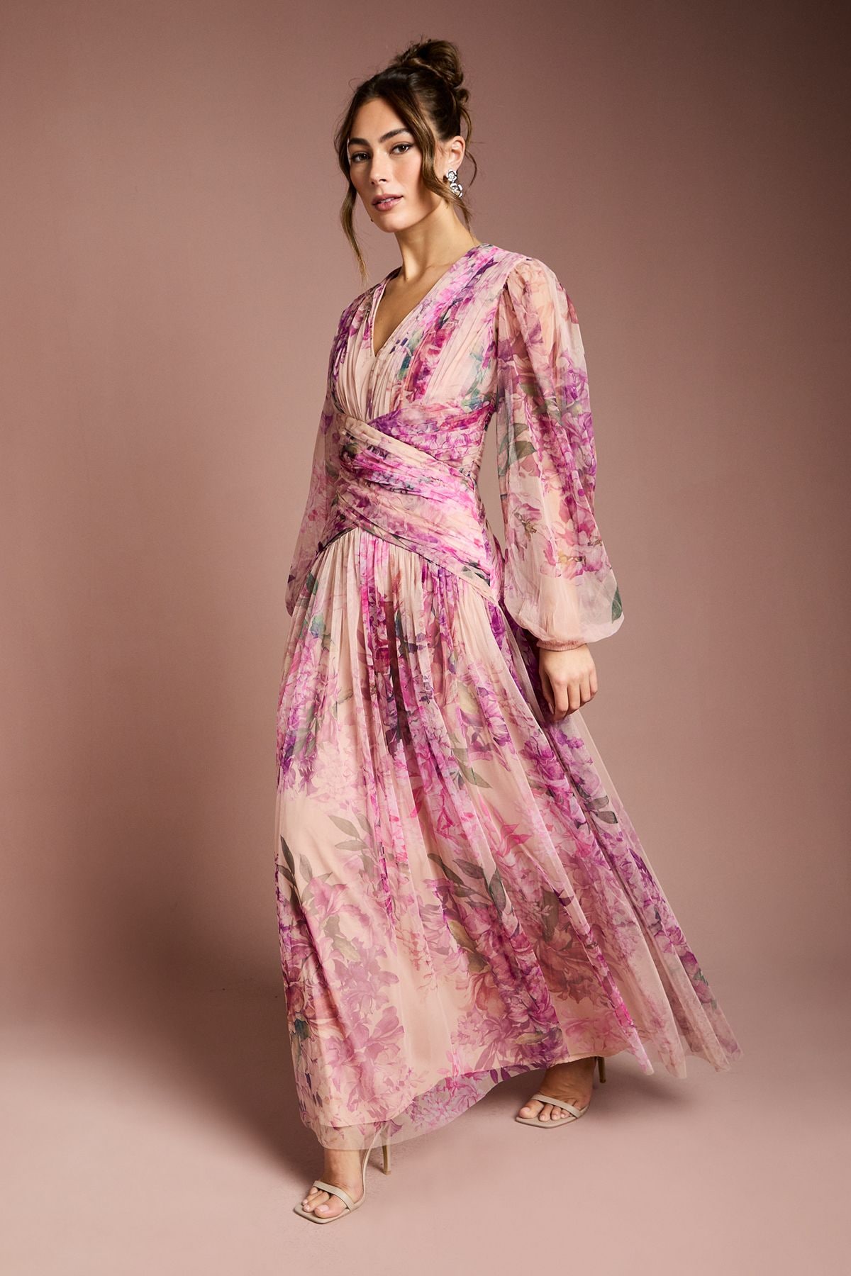 Coast Printed Floral Mesh Midaxi Dress Pink image 1