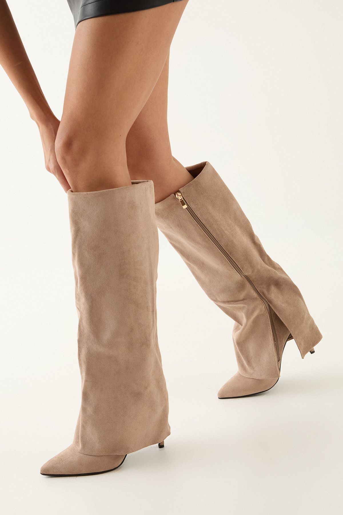 MissPap Faux Leather Sleeve Pointed High Stiletto Heel Knee Boots Beige image 4