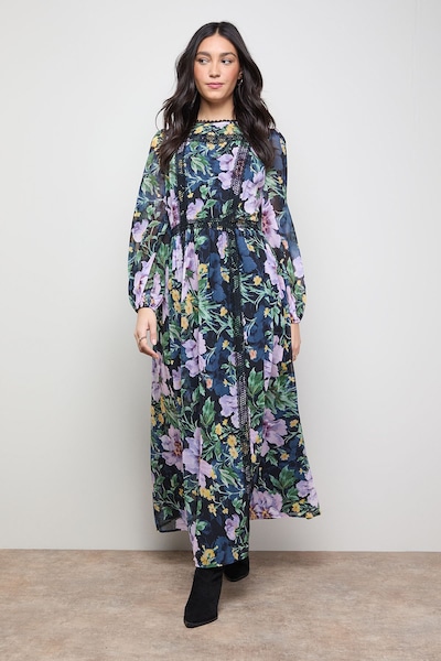 Oasis Printed Lace Trim Balloon Sleeve Midi Smock Dress Floral