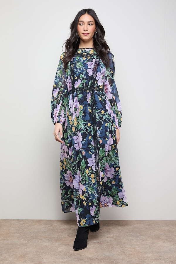 Oasis Printed Lace Trim Balloon Sleeve Midi Smock Dress Floral