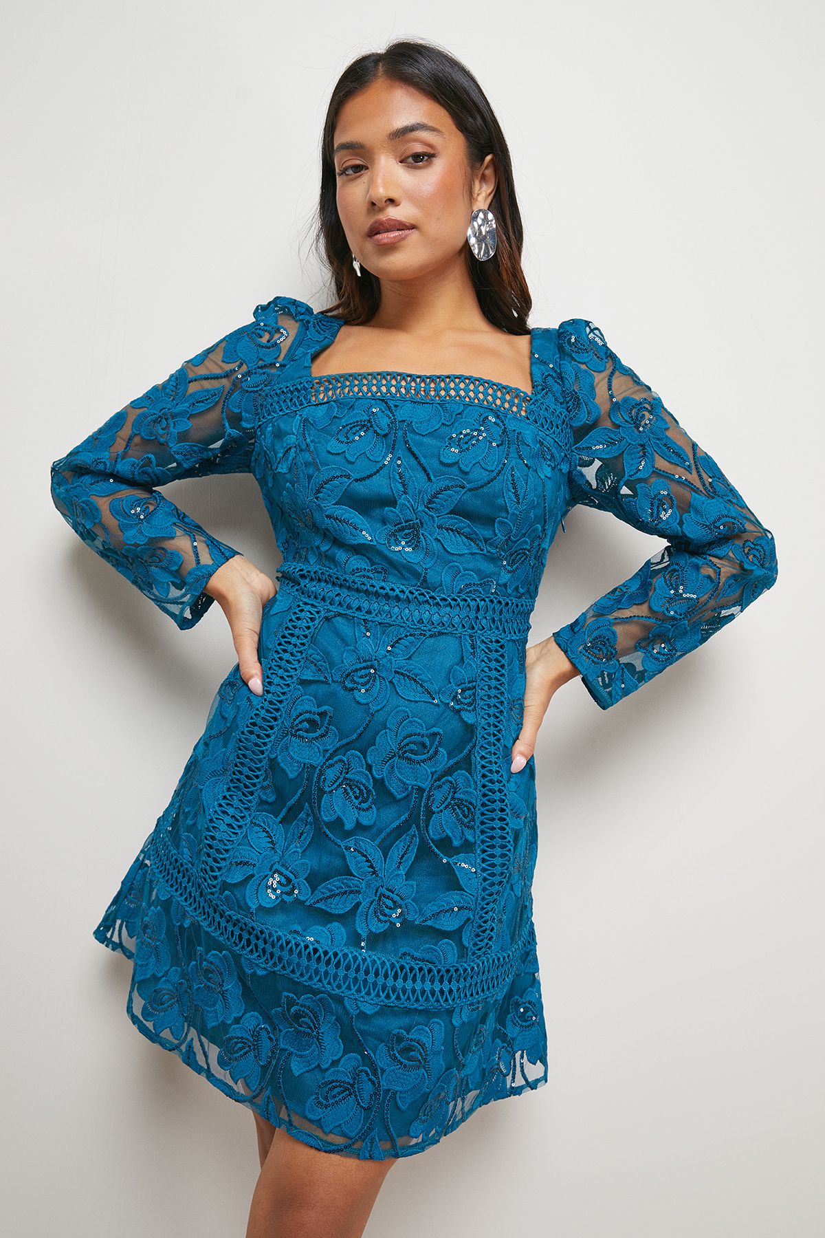 Oasis Petite Lace Trim Detail Mini Dress Blue image 1