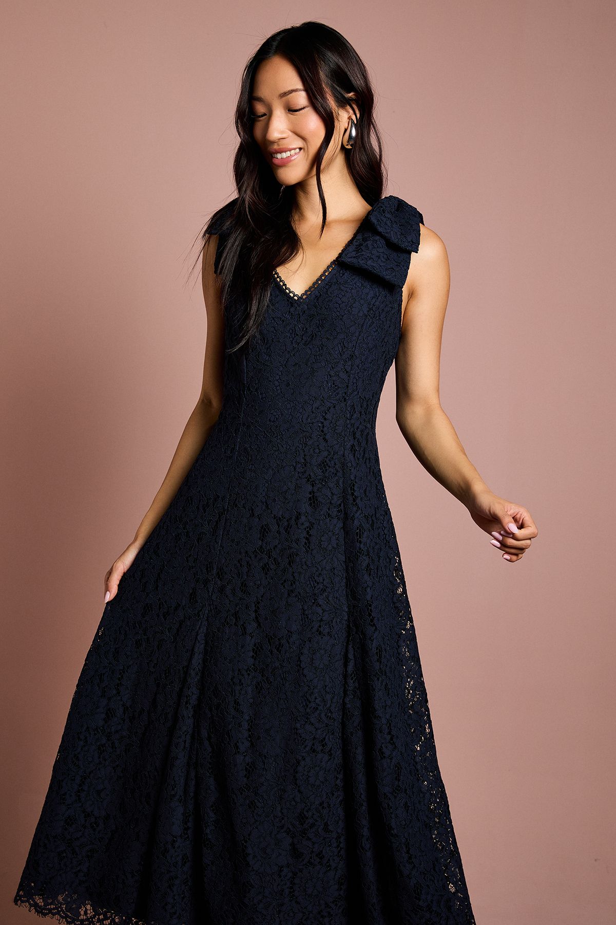 Coast Bow Shoulder V Neck Lace Midi Dress Navy image 2