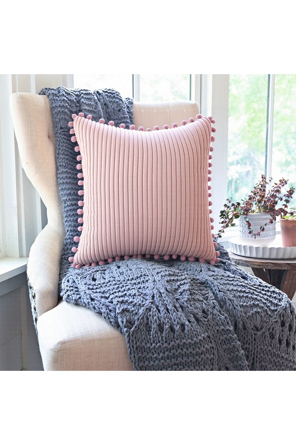 Living and Home Polyester Cushion Cover with Pom-Pom Trim image 2