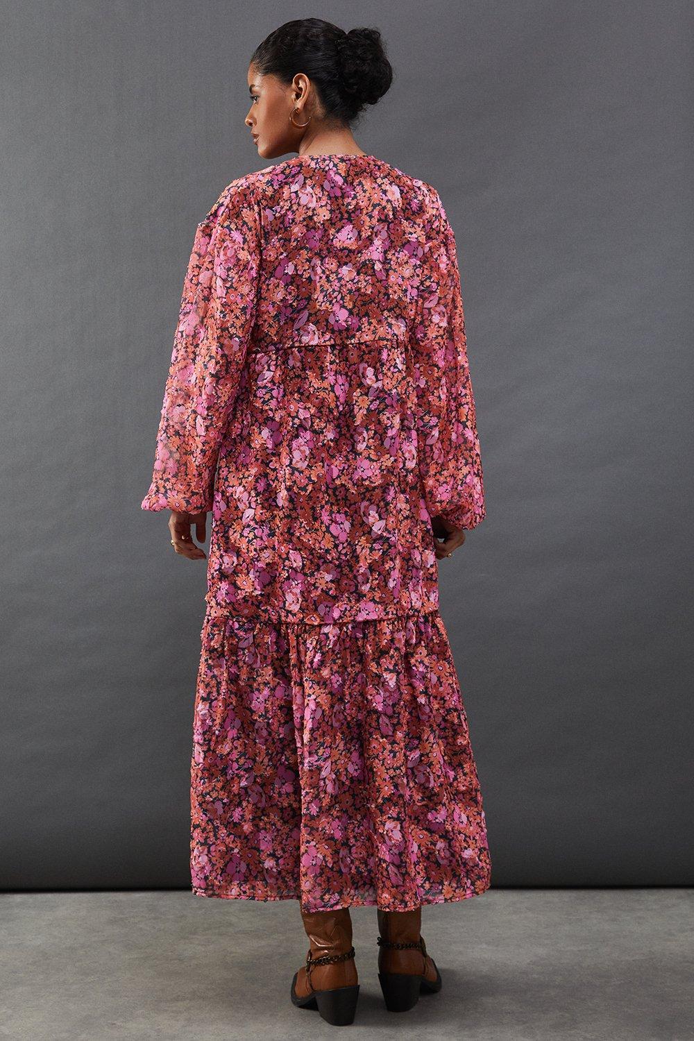 Warehouse Floral Burnout Chiffon Wrap Smock Midi Dress Pink image 3