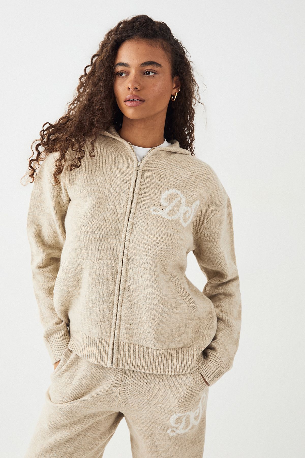 DSGN Studio DSGN Studio Knitted Zip Through Hoodie Oatmeal image 1