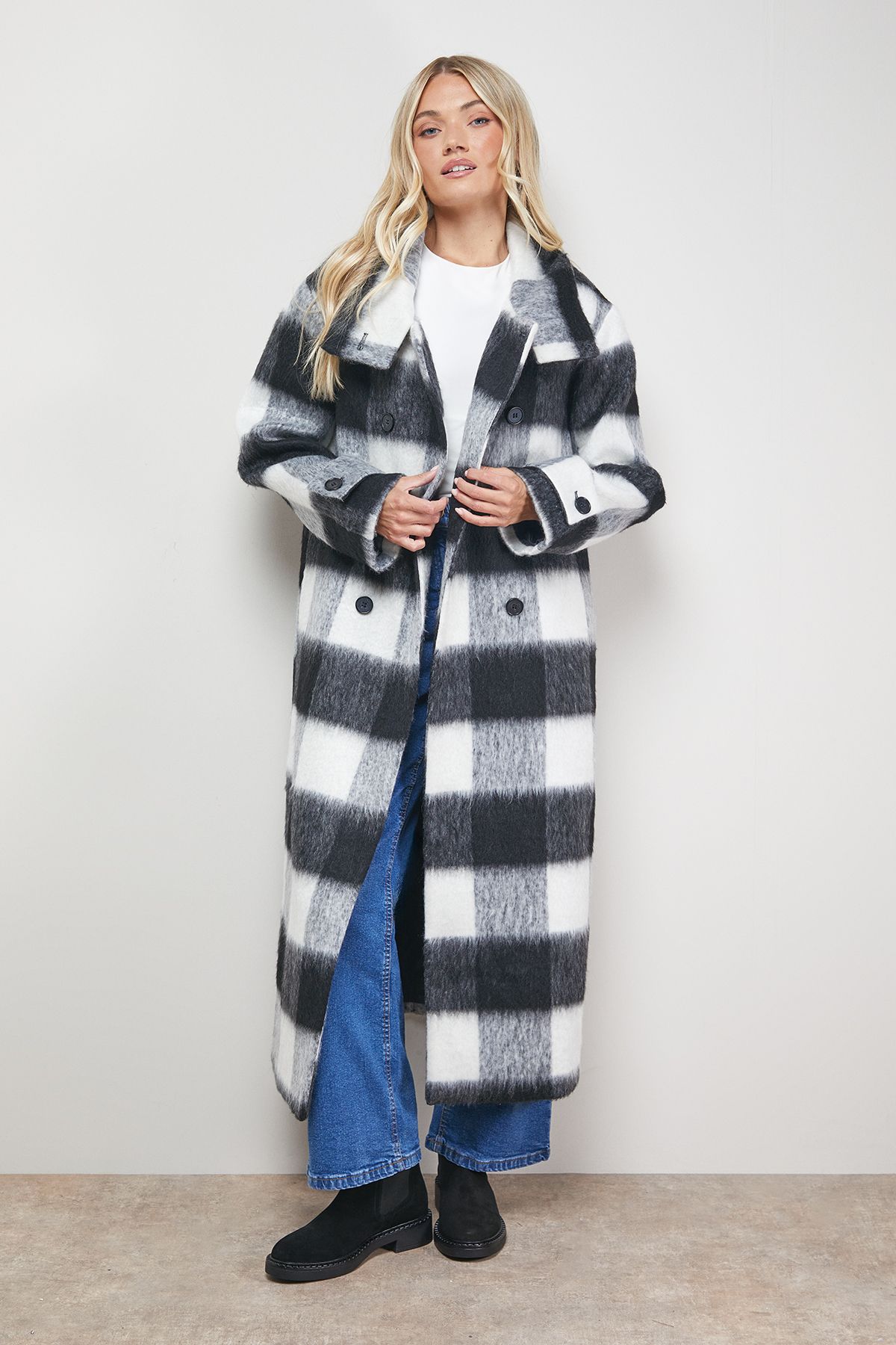 Oasis Brushed Check Funnel Neck Coat Black image 3