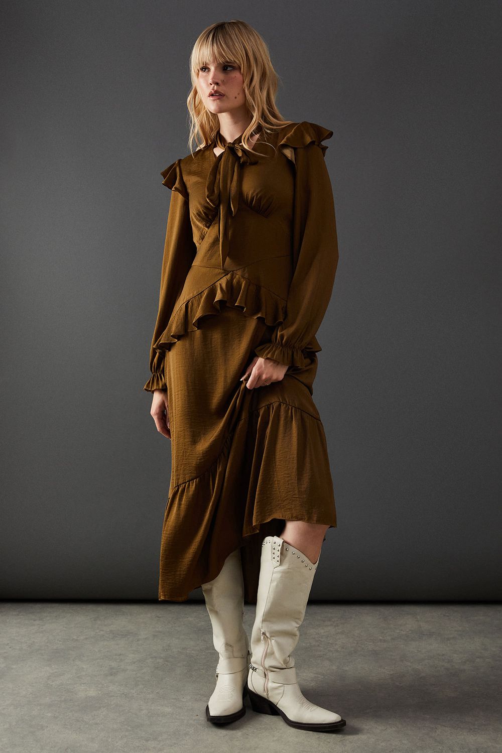 Warehouse Satin Tie Neck Ruffle Midi Dress Olive image 1