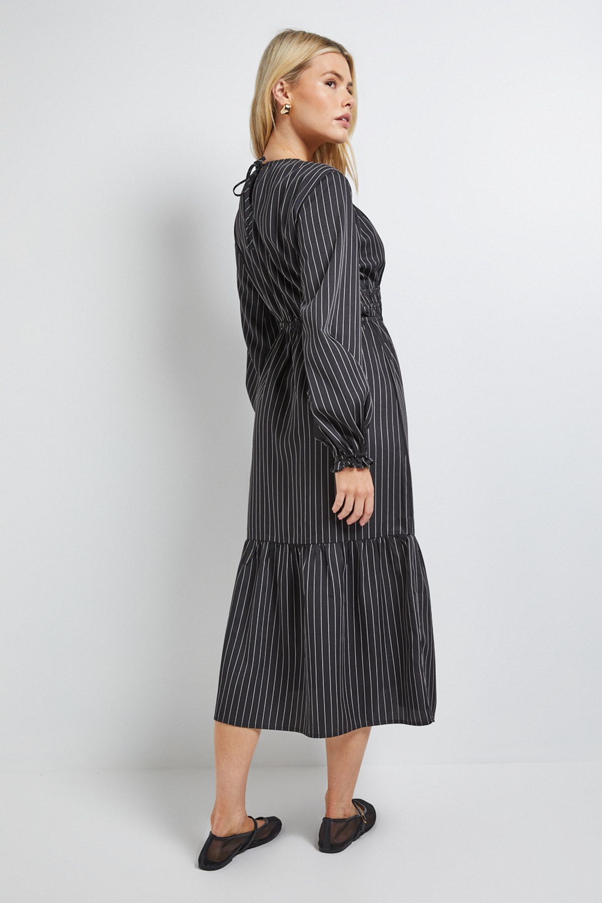 Dorothy Perkins Shirred Bodice Tiered Stripe Midi Dress Black image 3