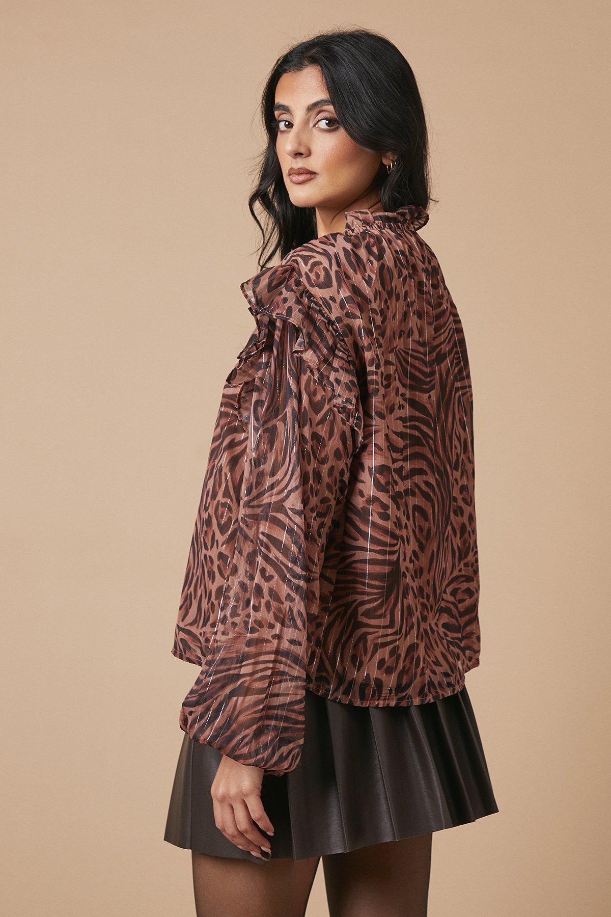 Oasis Animal Printed Metallic Chiffon Tie Neck Blouse image 4