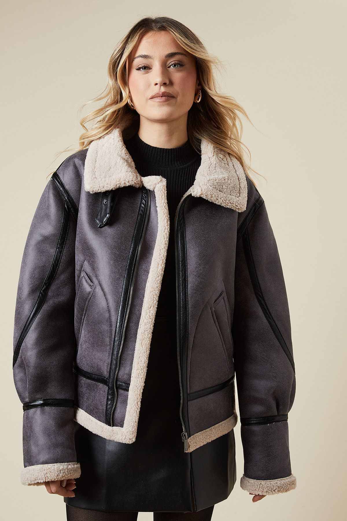 Oasis Faux Suede Borg Detail Aviator Jacket Black image 1