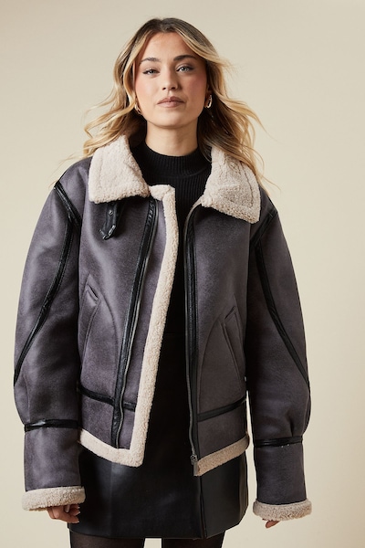 Oasis Faux Suede Borg Detail Aviator Jacket Black