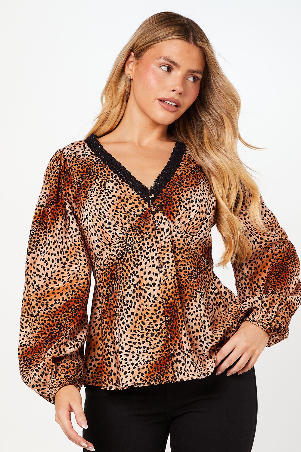 Dorothy Perkins Animal Sleeve Lace Trim Button Front Tea Blouse Animal