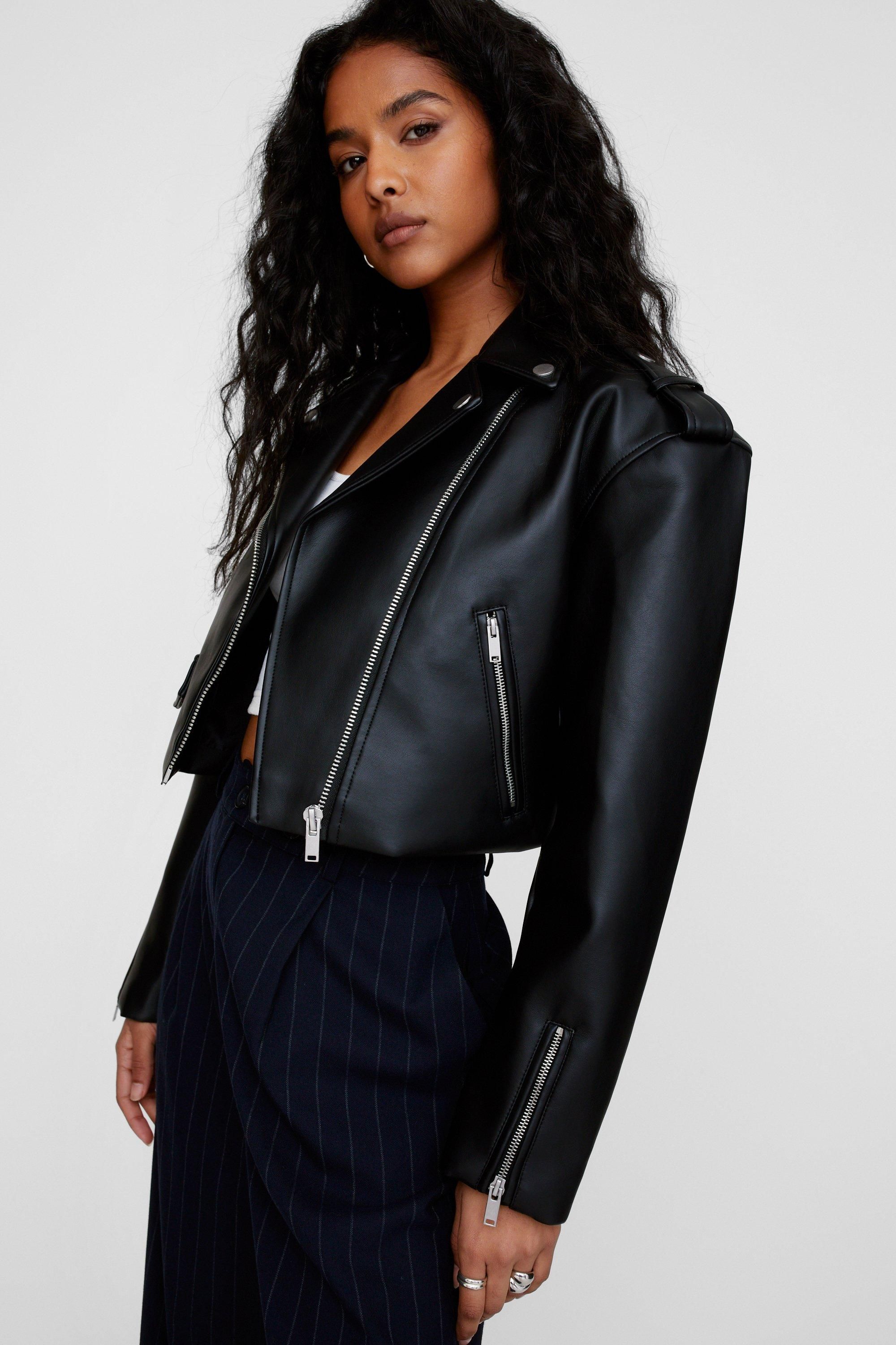 NastyGal Essentials Cropped Faux Leather Boxy Biker Black image 3