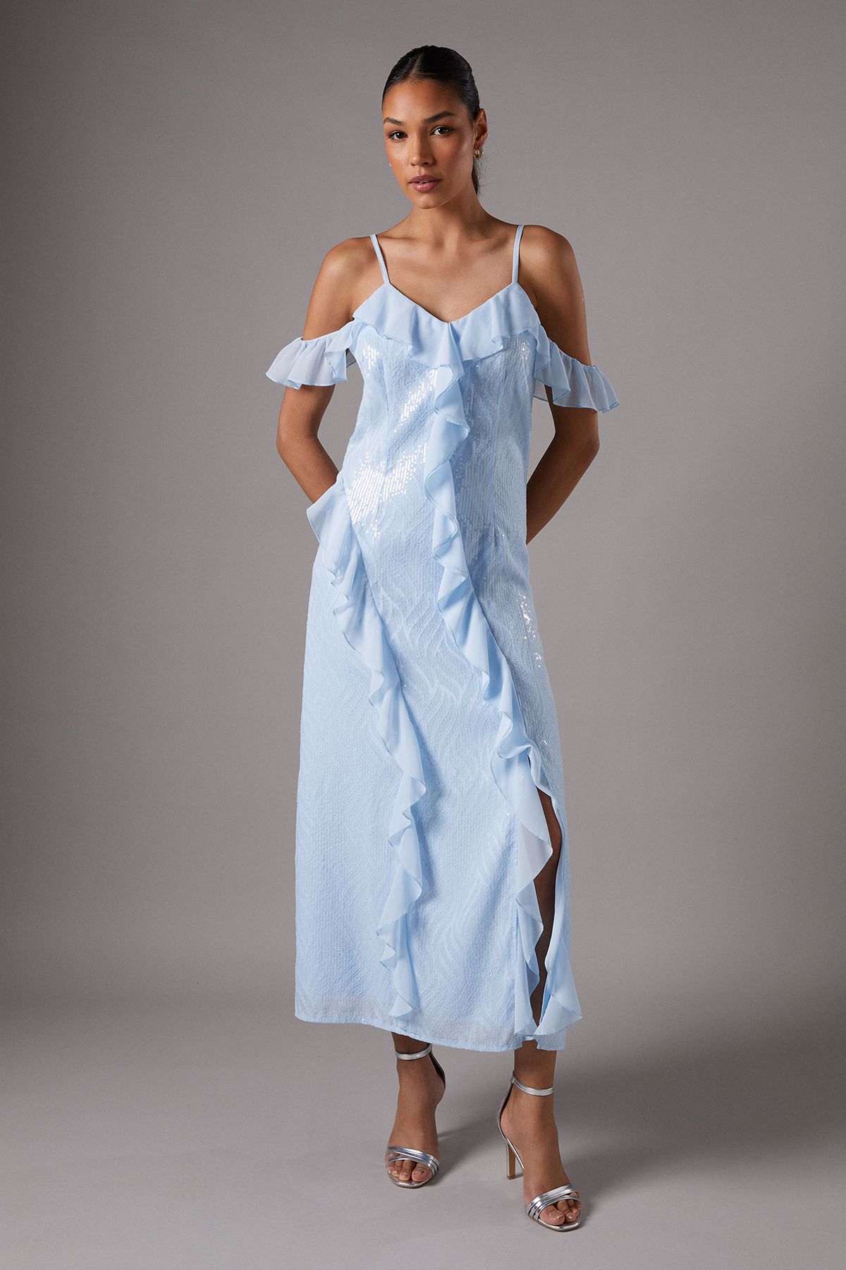 Coast Sequin Frill Midi Wedding Guest Dress Blue image 1