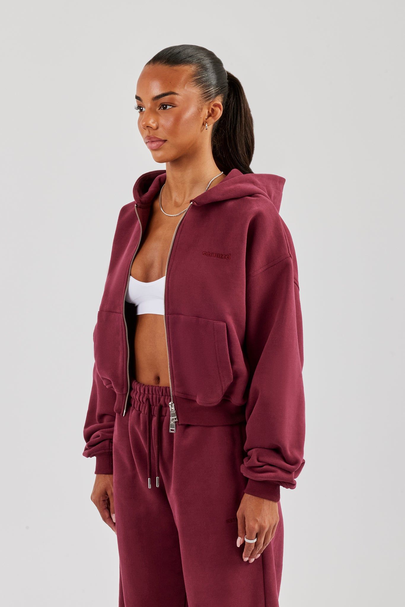 Cernucci Cropped Zip Through Hoodie - Burgundy image 3