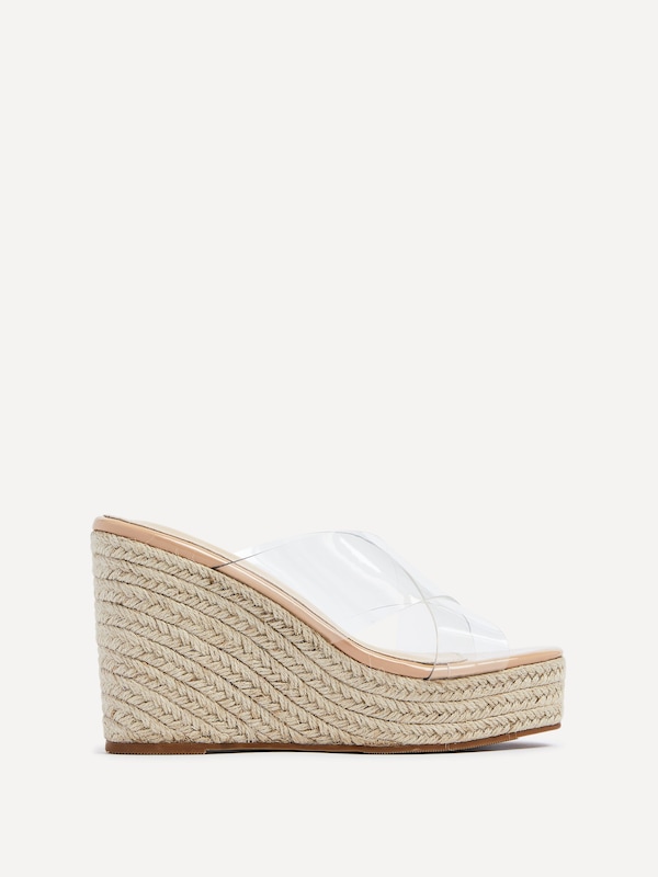 Linzi Shaylen Nude Perspex Crossover Rope Wedge